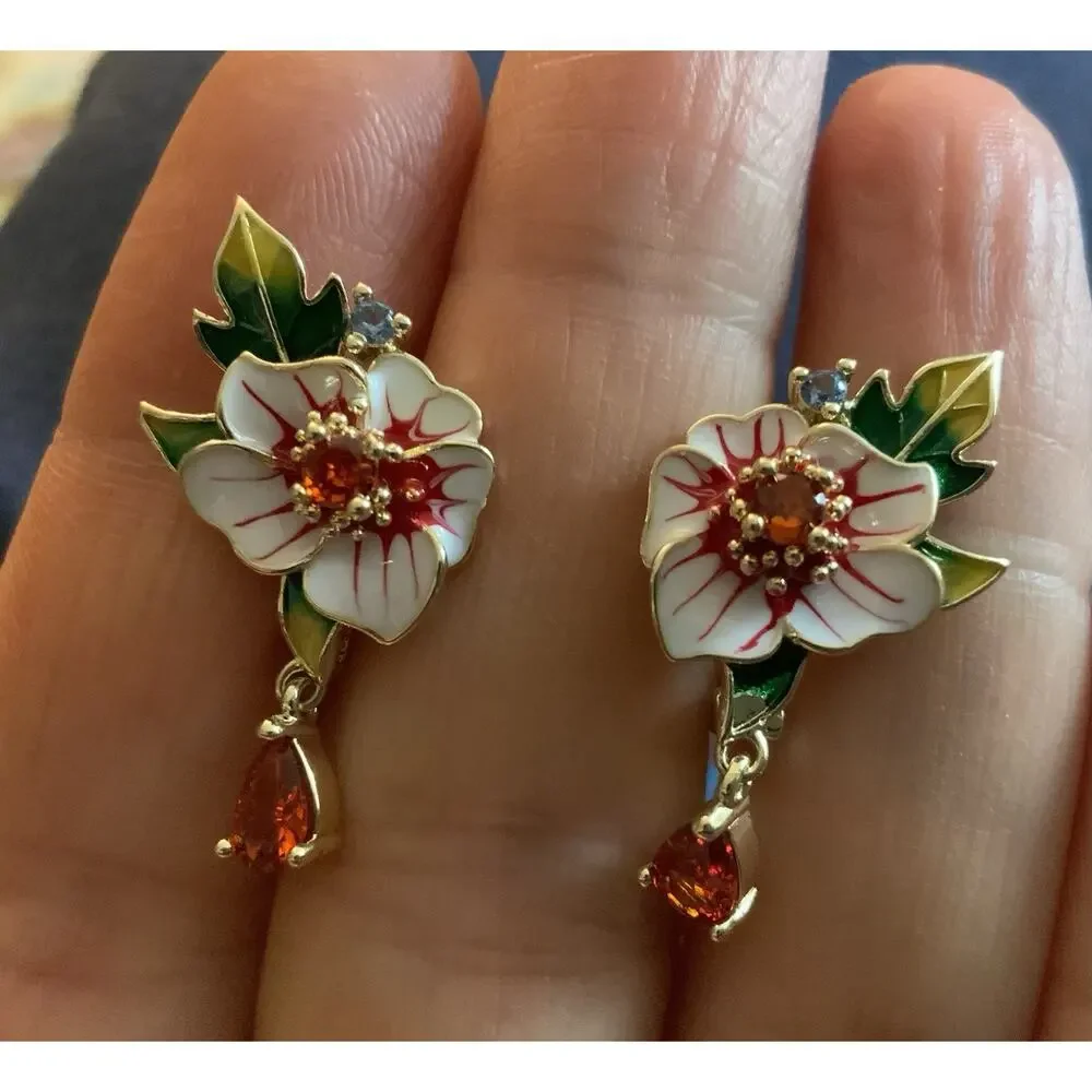 Flower Earrings Gold CZ VTG Leaf French Retro Boho Teardrop Designer Statement